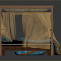 Double Bed With Wooden Frame Metal Railings Beige Patterned Canopy And Blue Orange Bedspread