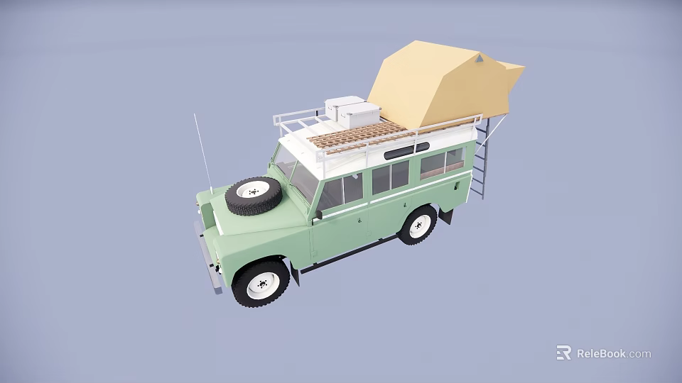Light Green Off Road Utility Vehicle With Roof Tent And Spare Tire 3d model 