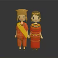 Two People Wearing Traditional Red Clothing With Yellow Sash And Decorative Patterns