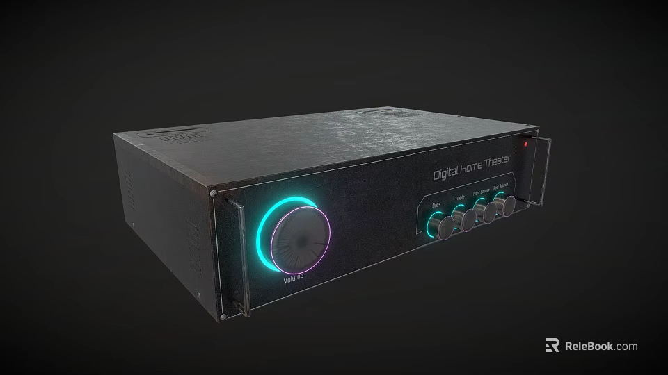 Black Digital Home Theater Audio Amplifier With Glowing LED Ring Knob And Control Buttons 3d model 