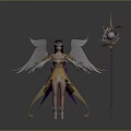 Woman with White Wings Wearing Yellow and Purple Outfit Holding Long Staff with Pink Orb