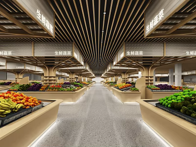 Modern Supermarket Interior With Fresh Fruits Vegetables Organized Displays And Spacious Aisles 3d model