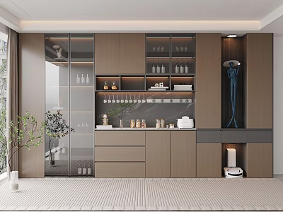 Elegant Modern Wine Cabinet Interior Design With Glass Doors Wine Bottles Glasses And Decorative Items 3d model
