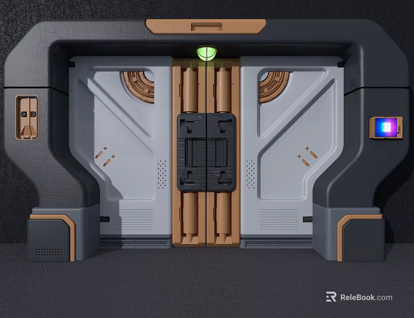 Futuristic Sci Fi Door Design With Metallic Frame Wooden Strips And Green Indicator Light 3d model 