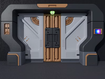 Futuristic Sci Fi Door Design With Metallic Frame Wooden Strips And Green Indicator Light 3d model