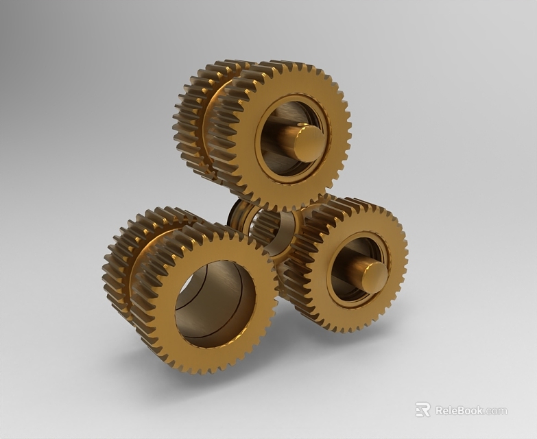 Industrial Equipment Golden Gears Three Interconnected Precision Mechanical Components Design 3d model 