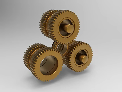 Industrial Equipment Golden Gears Three Interconnected Precision Mechanical Components Design 3d model