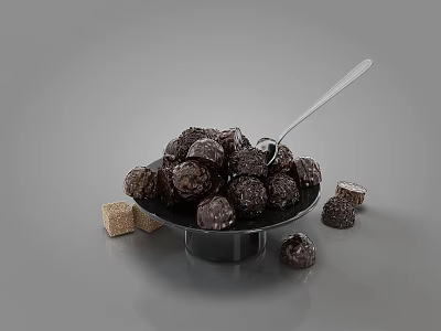 Chocolate Balls in Black Bowl with Silver Spoon and Scattered Sugar Cubes on Gray Background 3d model