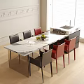 Modern Dining Table And Chair Set With Marble Top Red Black Chairs And Fruit Decoration
