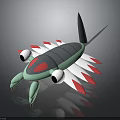 Fictional Creature With Gray Body Green Head Red White Fins Large Eyes Scorpion Tail Claws