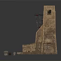 Industrial Scene Components With Stone Tower Gear Mechanism And Wooden Platform