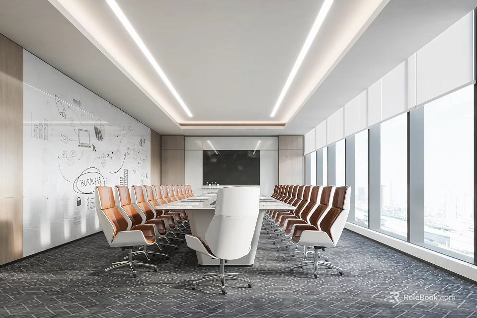 Modern Conference Room Interior With Long White Table Orange Chairs And City View Windows 3d model 