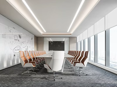 Modern Conference Room Interior With Long White Table Orange Chairs And City View Windows 3d model