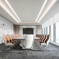 Modern Conference Room Interior With Long White Table Orange Chairs And City View Windows