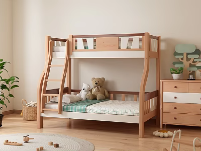 Wooden Bunk Bed with Ladder and Teddy Bears in Cozy Kids Room with Drawer Cabinet 3d model