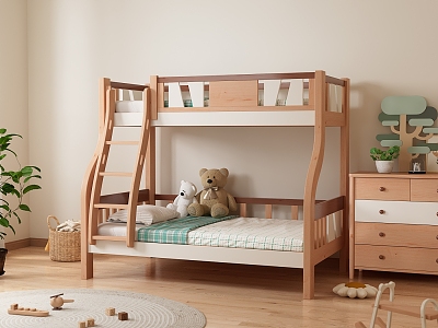 Simple Children's Bed and Bed Children's Room Mother Bed Solid Wood Bunk Bed Cream Style 3d model