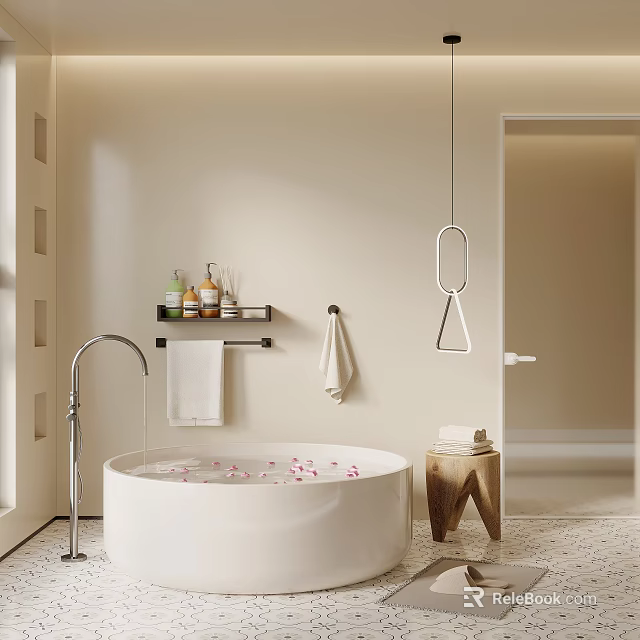 Minimalist Bathroom Interior With White Bathtub Flower Petals Wooden Stool Towel Rack And Toiletries 3d model 