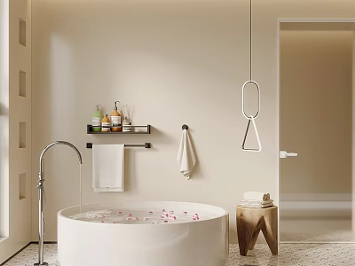 Minimalist Bathroom Interior With White Bathtub Flower Petals Wooden Stool Towel Rack And Toiletries 3d model