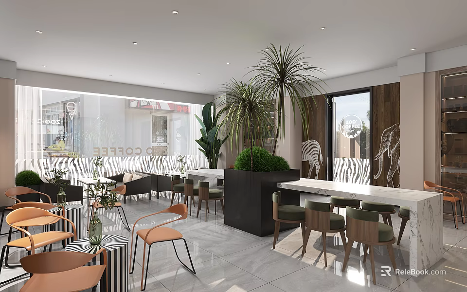 Modern Café Interior Design with Comfortable Chairs Dining Tables Large Plants and Decorative Wall Art 3d model 