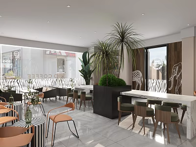 Modern Café Interior Design with Comfortable Chairs Dining Tables Large Plants and Decorative Wall Art 3d model
