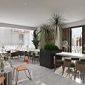 Modern Café Interior Design with Comfortable Chairs Dining Tables Large Plants and Decorative Wall Art