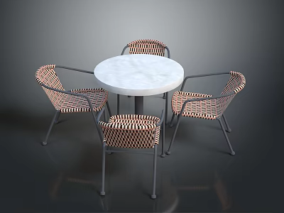 Round Marble Top Table With Four Rattan Chairs And Metal Frames 3d model