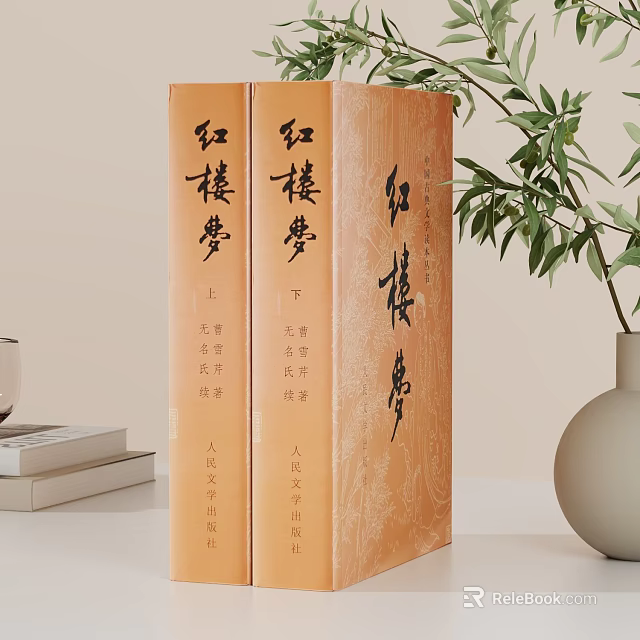 Dream of the Red Chamber Classic Chinese Novel Hardcover Book Set With Green Plant Decor 3d model 