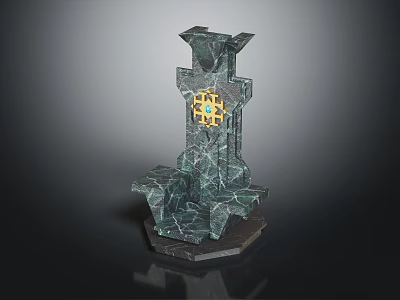 Dark Green Marble Decorative Sculpture With Geometric Structure And Golden Circular Detail 3d model