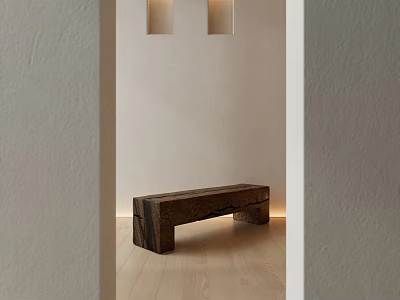 Wooden Public Bench in Minimalist Interior with Light-Colored Walls Wooden Floor and Soft Recessed Lighting 3d model