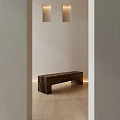 Wooden Public Bench in Minimalist Interior with Light-Colored Walls Wooden Floor and Soft Recessed Lighting