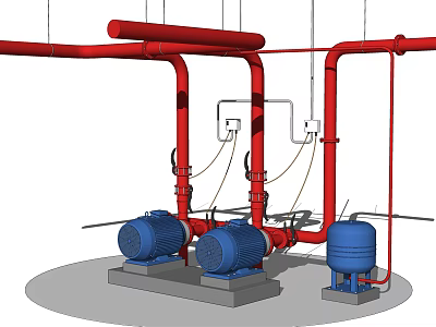 Industrial Equipment Configuration With Red Pipelines Blue Pumps And Water Storage Tank 3d model