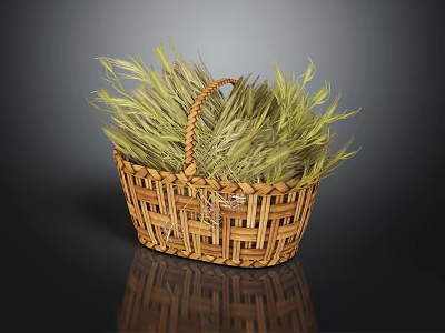 Natural Handwoven Wicker Basket Filled With Dry Grass For Daily Use 3d model