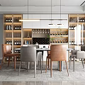 Elegant Modern Restaurant Interior With Dining Table Brown Gray Chairs And Wine Rack Pendant Lights