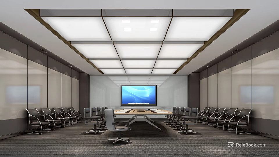 Modern Conference Room Interior Design With Long Table Chairs And Large Screen TV 3d model 