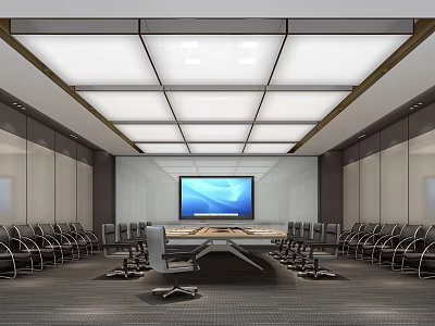 Modern Conference Room Interior Design With Long Table Chairs And Large Screen TV 3d model