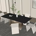 Modern Black Dining Table Set with Light Beige Chairs and Potted Plant Decor