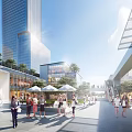 Modern Commercial Complex with Glass Facade Evening Lighting Green Trees and Street Cars