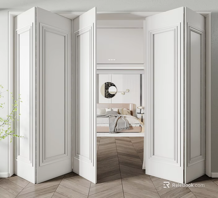 White Folding Doors In Modern Interior Open To Bedroom With Wooden Flooring 3d model 