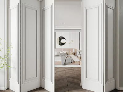 White Folding Doors In Modern Interior Open To Bedroom With Wooden Flooring 3d model