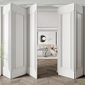 White Folding Doors In Modern Interior Open To Bedroom With Wooden Flooring