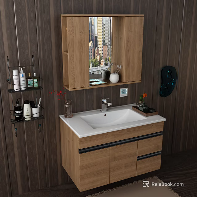Modern Bathroom Washbasin With Wooden Cabinet Mirror And Decorative Flowers 3d model 