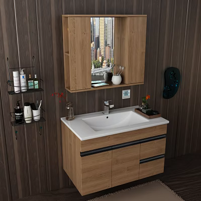 Modern Bathroom Washbasin With Wooden Cabinet Mirror And Decorative Flowers 3d model