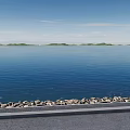 Scenic View With Blue Sky White Clouds Green Hills Blue Water Road And White Arrow