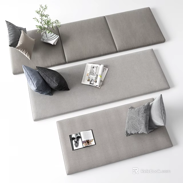Stylish Throw Pillows On Gray Sofa With Magazines And Potted Plant For Modern Decor 3d model 