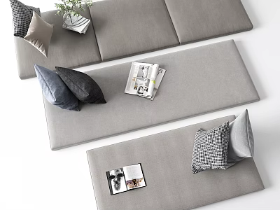 Stylish Throw Pillows On Gray Sofa With Magazines And Potted Plant For Modern Decor 3d model