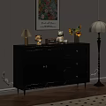 Modern Black Entryway Console Cabinet with Golden Handles Doors Drawers Table Lamp Sunflowers Teddy Bear