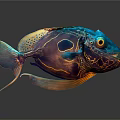 Vibrant Tropical Fish With Blue Purple Body Unique Patterns Orange Fins And Yellow Eyes