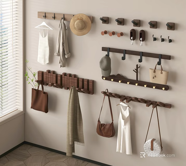 Stylish Wooden Wall Hooks Organizer For Entryway Hanging Bags Hats Clothes Coats 3d model 