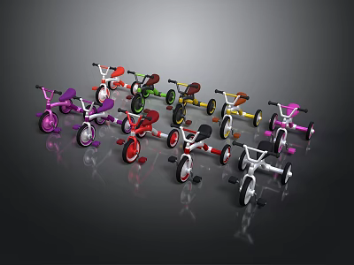 Colorful Children's Tricycles Showcased in Assorted Bright Hues on Reflective Surface 3d model