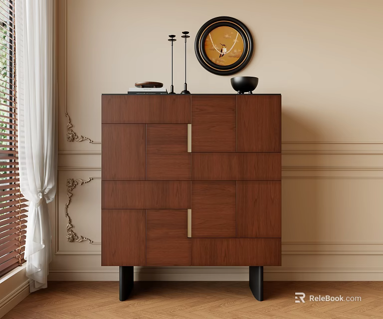 Walnut Brown Wooden Entryway Cabinet Sideboard With Decorative Items On Top And Ornate Wall Panels 3d model 